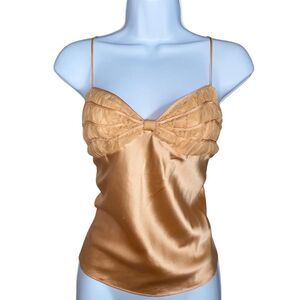 Luxury Vintage Gold Satin Mesh-Detail Camisole Top